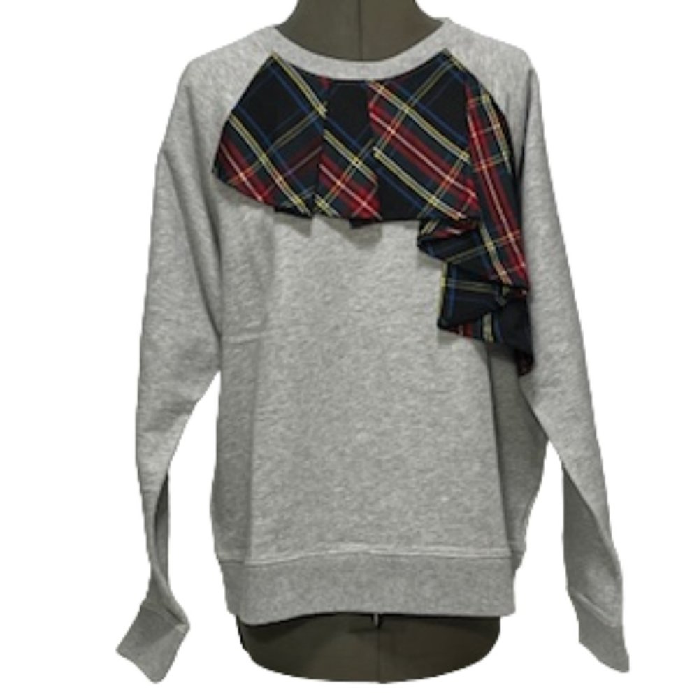 J.CREW Heather Gray Sweatshirt With Tartan Ruffle Detail Size XL NWT - Picture 2 of 16